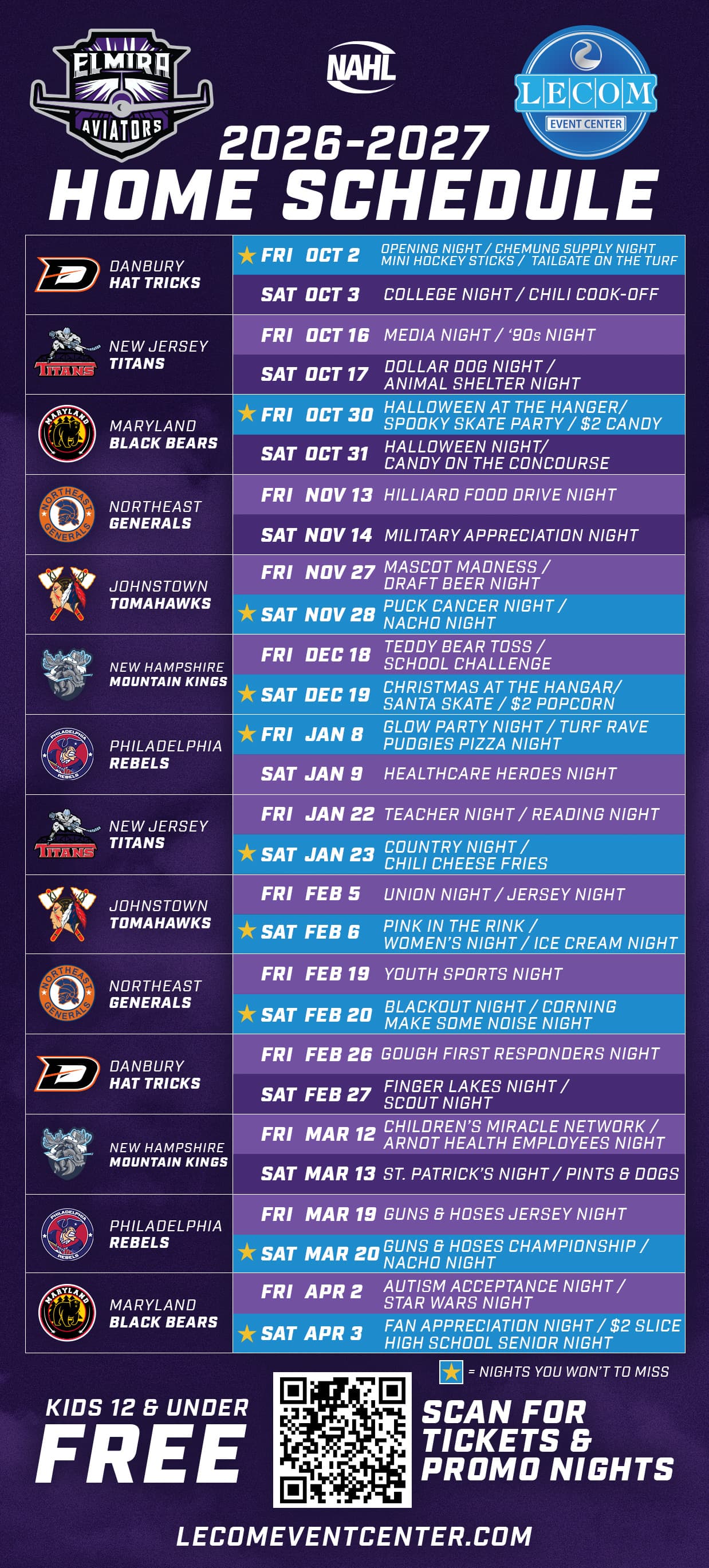 The Aviators 2026-27 home schedule rack card