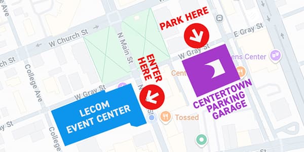 Map showing the LECOM Event Center Main St entrance and the Centertown Parking Garage